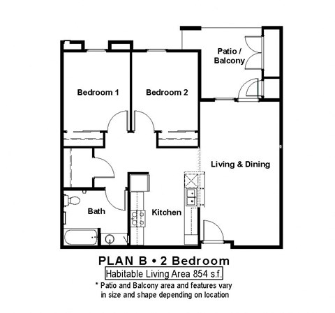Floor plan for 2 beds, 1 bath, 854 sqft